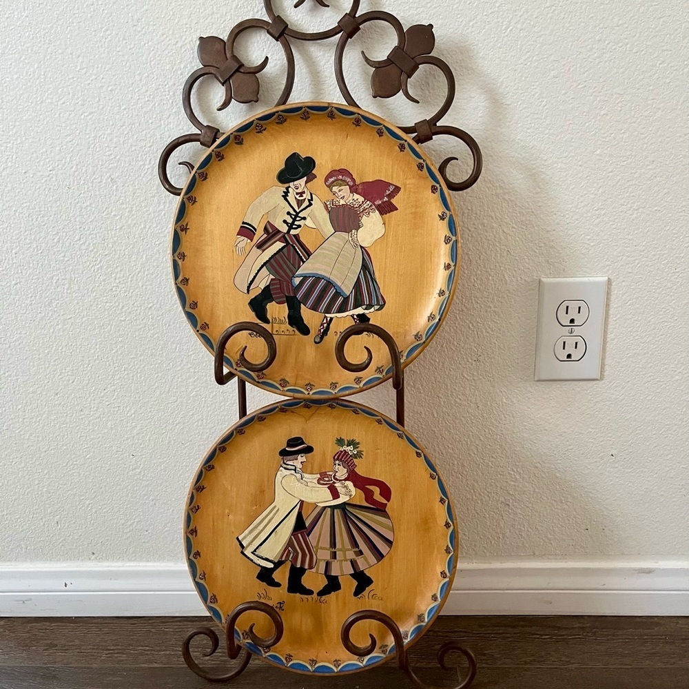 Vintage European Folk Art Wooden Plates Hand Patient On Metal Stand 12/28 “